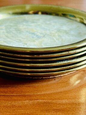 Vintage Capiz Shell Coasters Set of 6 - Mother of Pearl Inlay with Gold Trim